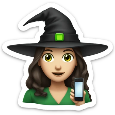 A brunette with green eyes and a witches hat with a cell phone  sticker