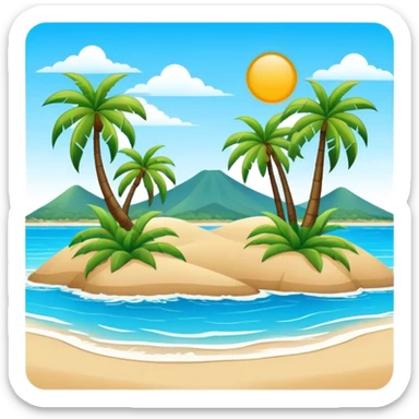 Sanya tropical beach Hainan Island with palm trees, simplified emoji style with bold outlines and bright colors, cartoon style beach with blue water sticker
