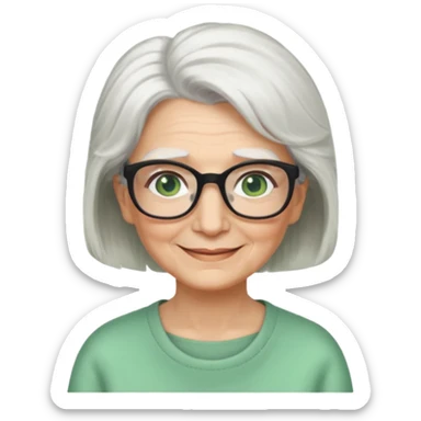 White hair grandma, green eyes, hair to shoulder, lokeg black glasses, rectangles face, smile , sticker