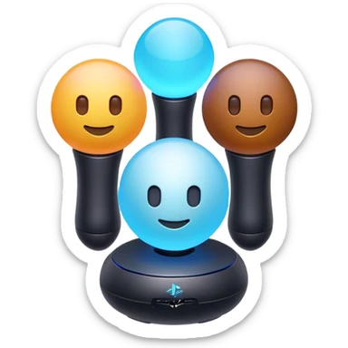 Clash of Clans aesthetic: Cinematic Playful PlayStation Move Controllers Portrait Emoji, rendered in a 3D vector-style similar to standard emojis with minimal shading and bold, simplified shapes. A compact, distinct form with signature details, softly glowing with a cutting-edge console technology charm. Simplified yet unmistakably iconic, highly detailed and consistent, glowing with a soft radiance and high shine. Stylized with a touch of technological advancement and a soft glowing outline, capturing the essence of a beloved gaming relic with a friendly, playful manner! sticker