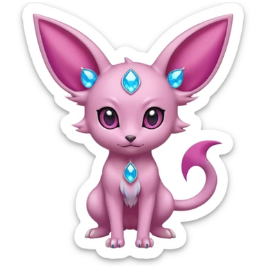 Espeon pokemon, light pink body color, dark pink jewel in middle of forehead, spilt at end tail, two ear like flaps coming out 
of cheeks, inside of big pointy ears is blue
 (full body) sticker