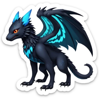 Black Dark Exotic Beaked Feathery Nocturnal Neon-glowing Abyssal Nightly Abyss-Cat-Gryphon-Salandit-Nargacuga-Silvally-Vernid-Sergal-Fakémon-Hybrid-Creature (full body) sticker