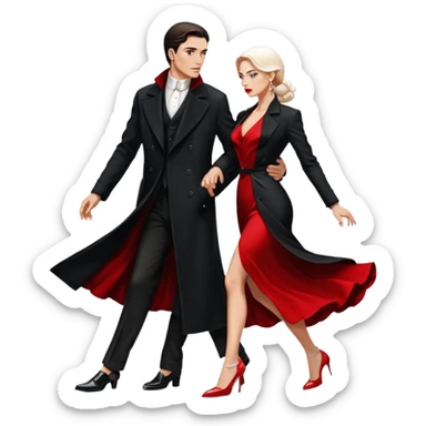 Ultra detailed realistic tango couple icon, black background, dramatic lighting, long black coat on man, white shirt and white shoes, red dress and white heels on woman, centered, minimal background, high contrast, 4K resolution, profile picture ready, sharp clean edges sticker