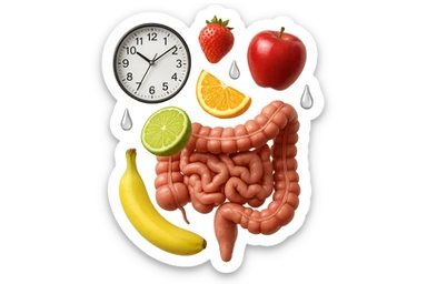 frutta mista cade dall'alto verticalmente insieme a 3 gocce di acqua 3d e un orologio da parete, davanti a questi elementi c'è un intestino umano anatomico iperrealistico sticker