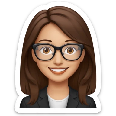 Woman 40, brown long hair, brown eyes, rectangle black glasses sticker