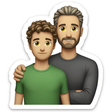Handsome Father 40s green eyes with short full beard with Son 13s light brown eyes tousled bedhead look both has brunette hair light skin arms on shoulder portrait sticker