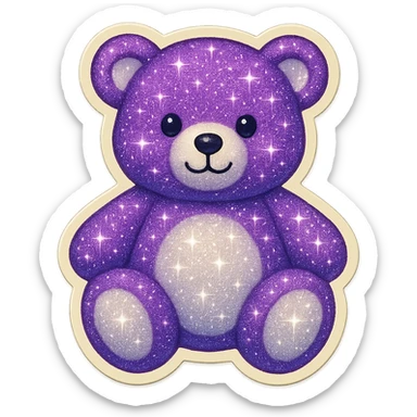Add a glitter effect to the purple and white teddy bear's fur, keep it soft and plush, no shadows, flat lighting, no background. sticker