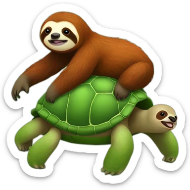 red haired sloth sitting on a green turtle who is walking  sticker