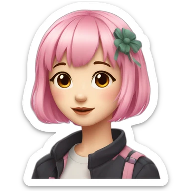 Cute anime girl with pink hair wearing and with light makeup and short hair and bangs sticker