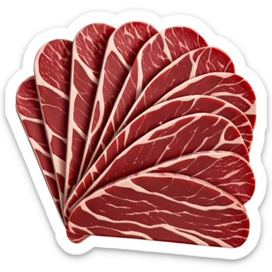 several thin slices of air-dried beef, deep burgundy-red color, smooth and slightly glossy surface, darker delicately curved edges, fine grain and lean texture visible, slices slightly overlapping, no board, garnish, or packaging, just the meat, soft lighting, subtle shadows, emoji scale sticker