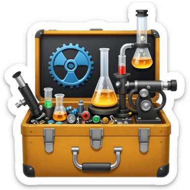 toolbox science, chemicals, mechanical gears, steampunk, electronics, resistors, ic, physics, microscope, nuclear model, radioactivity sticker