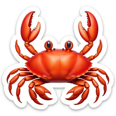 Cinematic Realistic Cute Crab Portrait Emoji, Head tilted playfully and inquisitively, featuring a compact, sturdy form with a glossy red shell uniquely forming an endearing face with bright, sparkling eyes, rendered with intricate natural textures and subtle coastal hues, high shine, affectionate and spirited, styled with a touch of seaside whimsy, soft glowing outline, capturing the essence of a mischievous yet lovable crab that seems ready to pinch playfully out of the screen into your arms! sticker