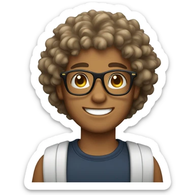 a tan skin curly hair boy wearing glasses smiling sticker