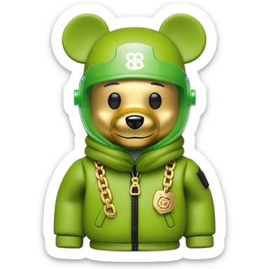 bearbrick wearing lime balaclava with graffiti logos where eye area is replaced by one continuous shield visor lens that's part of the mask, not separate eyewear, puffy coat with fur trim, gold chains sticker