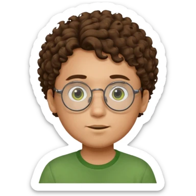 Un ragazzo con occhiali tondi, capelli ricci e una maglia verde sticker