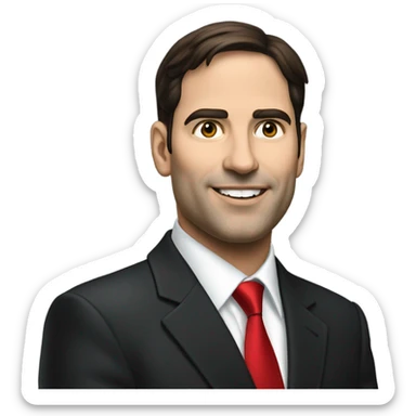photorealistic Mark Rubio in a black suit with a red tie sticker