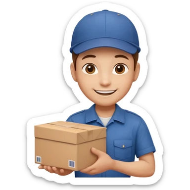  delivery worker holding a cardboard package. Wearing a cap and uniform shirt, smiling expression. Rounded, glossy, smooth, soft shadows, white background.




 sticker