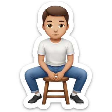 a person sitting on stool showing backward sticker