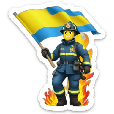 Ukrainian firefighter with the flag of Ukraine puts out the fire sticker