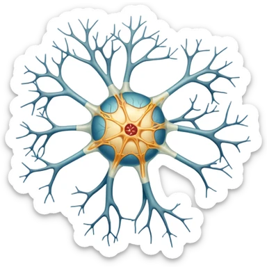 A unilateral scientifically accurate nerve cell with the 3 main components, dendrites on the cell body on one side , a long axon and a few dendrites at the other side. Not a spherical or round nerve cell, a long body nerve cell sticker