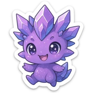 chibi kawaii crystal sprite creature, mostly purple with blue accents, playful grin, sparkling eyes, cute and adorable sticker