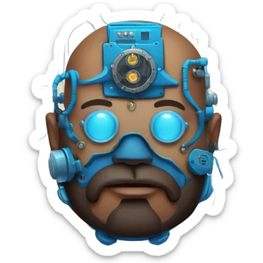 Bearded Fat bald cyborg head with brown skin, blue steampunk goggles and circuits sticker