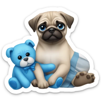 Baby pug with big blue eyes hugging a blue teddy bear  sticker