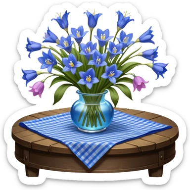A lush bouquet of bright blue color bluebell black satin ribbon, resting on an antique wooden table, with a pale yellow and pink plaid pattern table cloth sticker