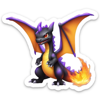 Black shiny nebula chibi Charizard-Raptor-Fakémon with purple flame on tail full body sticker