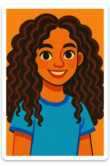 portrait of a girl with long curly brown hair type 3a and dark brown eyes, vibrant and friendly illustration style sticker