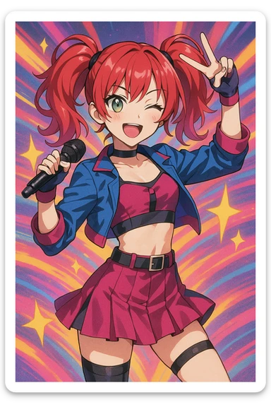 Rumi from Kpop Demon Hunters, energetic pose, modern K-pop idol outfit, vibrant colors, dynamic background, anime-inspired style sticker