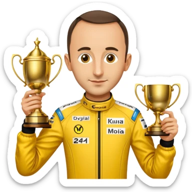 Robert Kubica without helmet, wearing yellow racing suit, holding 24h Le Mans trophy, Apple emoji style sticker