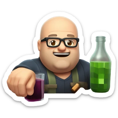  balding overweight middle-aged gamer man with big teeth and glasses drinking minecraft potion sticker