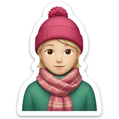 Fantasy human portrait emoji, warm winter scarf around neck, cozy holiday mood, slightly rosy cheeks, simple clean design, no hat, readable emoji style, male/female variant
 sticker