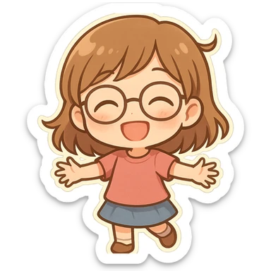 chibi sticker of a cheerful 10 year old girl with light brown hair and glasses, smiling, no text sticker