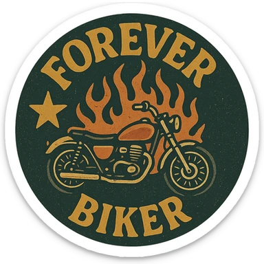 circular transparent background design for motorcycle cap, text 'FOREVER BIKER', motif: star, motorcycle, flame, retro style sticker