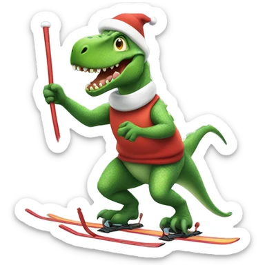christmas dinosaur skiing while holding poles, cartoon, emoji, transparent background sticker