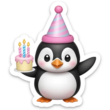 cute penguin  hold a birthday cake in both arms with pink birthday hat sticker