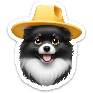 Black and white Pomeranian wearing a cheese hat sticker