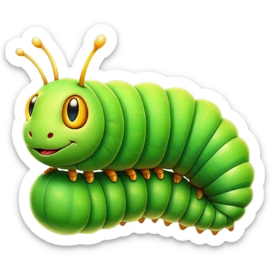Cinematic Noble Caterpillar Portrait Emoji, Poised and vibrant, with a segmented, gently curving body adorned in bright, lively hues and delicate, inquisitive eyes, Simplified yet charmingly detailed features, highly detailed, glowing with a soft, verdant radiance, high shine, intelligent and resilient, stylized with an air of natural transformation, focused and curious, soft glowing outline, capturing the essence of a watchful caterpillar that appears ready to inch out of the screen with gentle determination! sticker