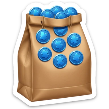 brown bag of blue coins sticker