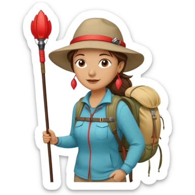 Middle aged women, long brown ponytail with wide brim hiking hat. With backpack and trekking poles. Backpack has a scallop shell with the cross of saint james hanging from it.  Remove the cross and add a scallop shell on a red string hanging from the backpack  sticker