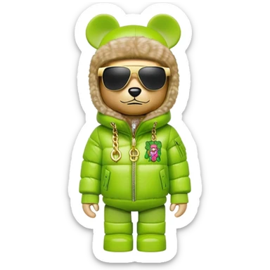 bearbrick toy with cubic head wearing a lime green balaclava with graffiti logos, oversized puffy jacket with fur hood trim, sleek single-piece visor sunglasses, gold chains around neck sticker