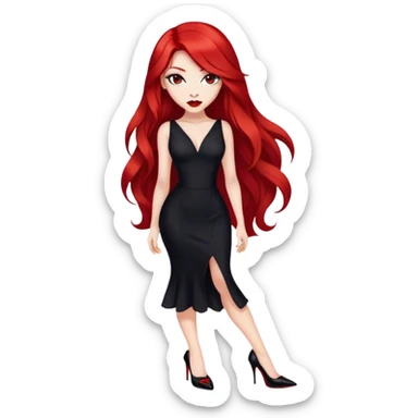 a pretty woman with long red hair and red eyes. The woman wear a black little cutted dress. She have red lipstick and she have a seductive look. She wear black heels sticker