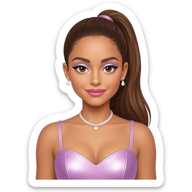 Ariana Grande with brown eyes, long brown ponytail hair, white eyeshadow, pink lipstick, lavender pink metallic sweetheart dress, white necklace and earrings sticker