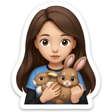 Girl About 15 years old with light skin and brunette Long slightly wavy hair, with dark brown eyes. Shes wearing black t-shirt. In her hand she's holding a brown bunny with ears down sticker