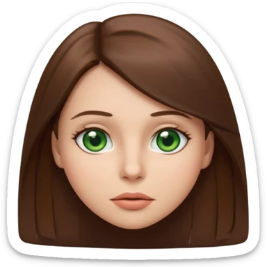 Female face emoji. Straight medium-length brown hair, fair skin, green eyes, neutral expression, closed lips, minimal makeup sticker