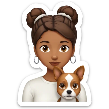 sort, 30 year old, brown girl, back Bun hairstyle, with a white brown dog sticker