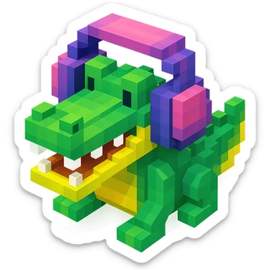 crocodile wearing large over-ear headphones, isometric view, voxel style sticker