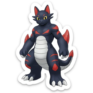 midnight blue-gray-black, with red markings, white belly, scaley Bastet-Noibat-Gatomon-Garchomp-Digimon-Fakémon-Pokémon-creature (full body) sticker